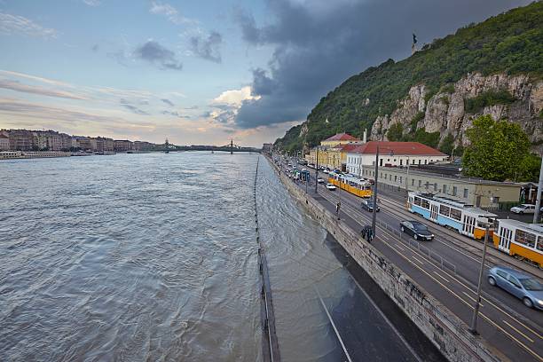 Flooded street in Budapest Danube bank