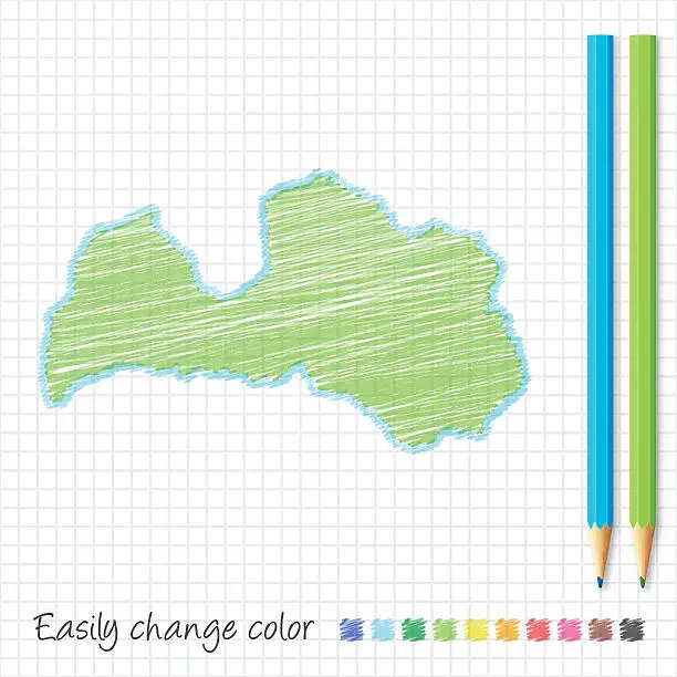 Vector illustration of Latvia map sketch with color pencils, on grid paper
