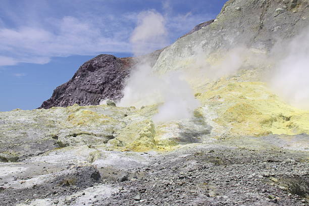 istock Sulfur landscape on active volcano with mountains – White Island 523495472