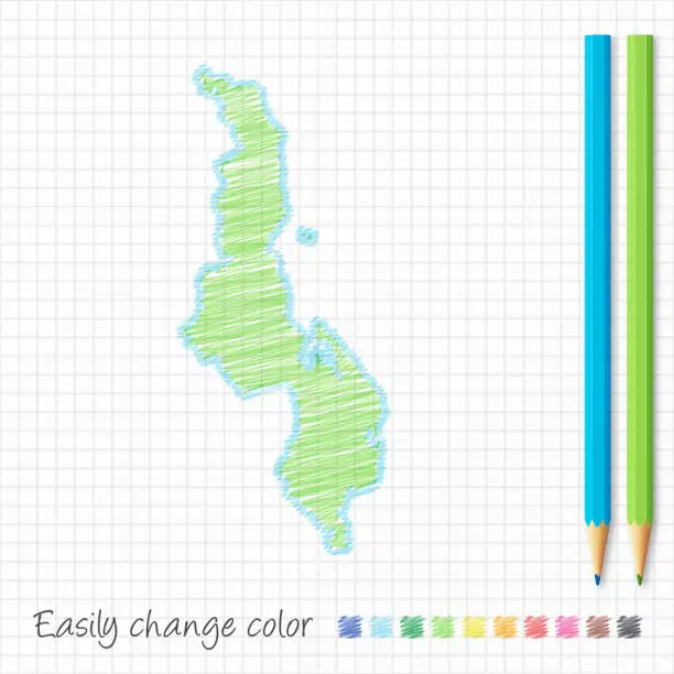 Vector illustration of Malawi map sketch with color pencils, on grid paper