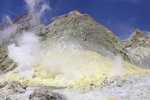 istock Sulfur landscape on active volcano with mountains 3– White Island 523496184