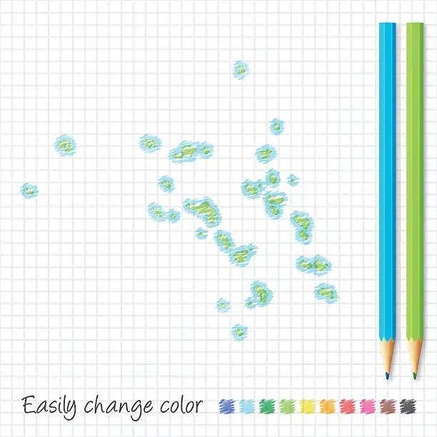 Vector illustration of Marshall Islands map sketch with color pencils, on grid paper