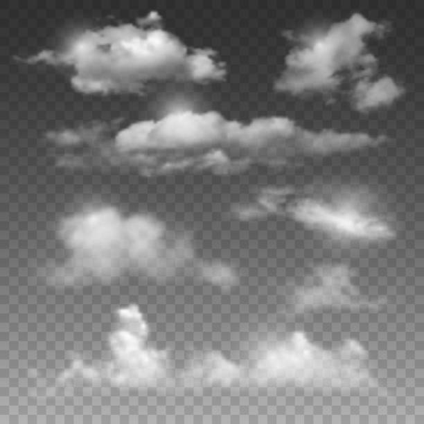 Clouds Set Of Realistic And Transparent Different Clouds With Sunshine. Vector Illustration. stratosphere stock illustrations