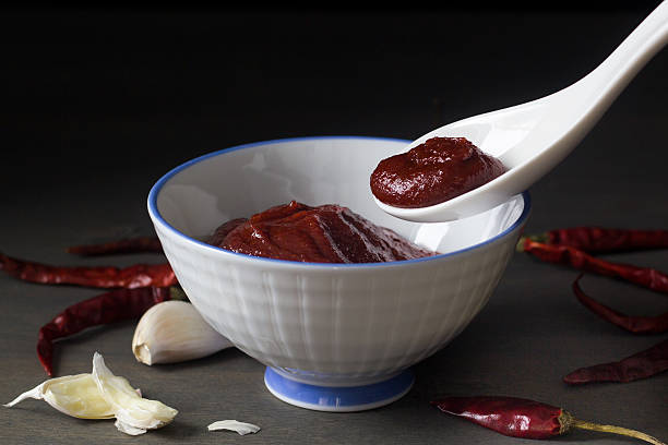 Gochujang in white bowl on dark background