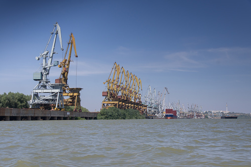 many cranes on the shipyard in Galati