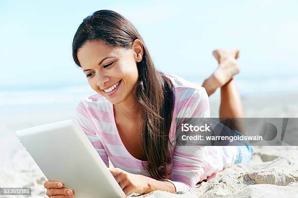 Tablet Beach Woman Stock Photo - Download Image Now - Adult, Adults Only, Beach