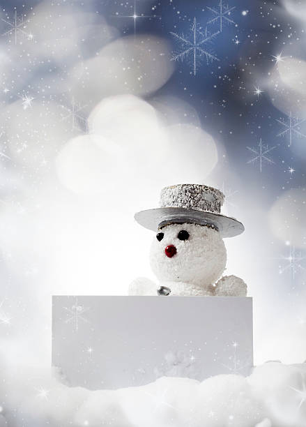 istock Cute snowman holding blank white card 523513329