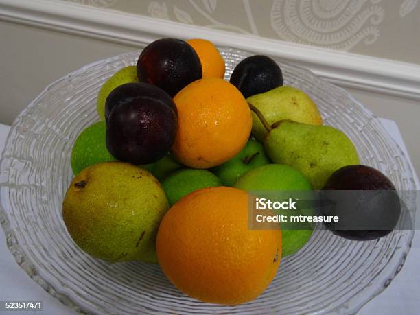 Image Of Glass Fruit Bowl Washed Apples Pears Oranges Plums Stock Photo - Download Image Now