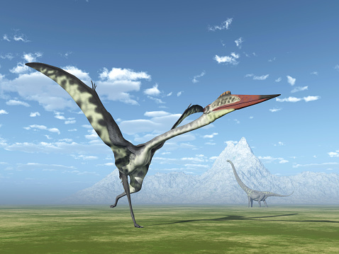 Computer generated 3D illustration with the Pterosaur Quetzalcoatlus and the Dinosaur Mamenchisaurus