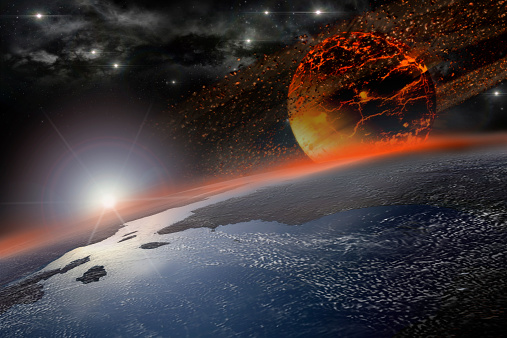 Incandescent celestial body hitting Earth in sunrise for apocalyptic or space backgrounds