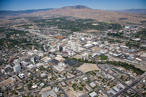 Aerial view of downtown Reno Nevada including the Truckee River and UNR