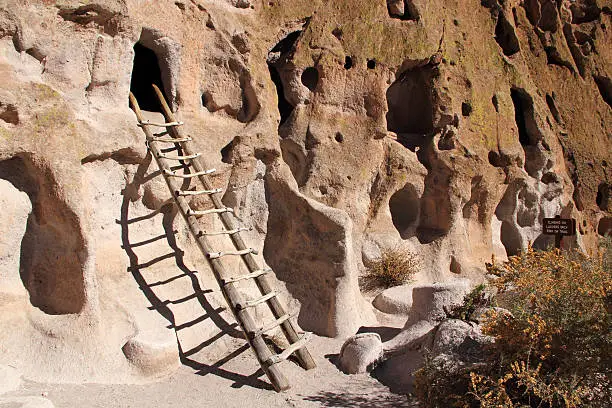Ladder leads to a cave ruin in Bandalier National Monument, New Mexico