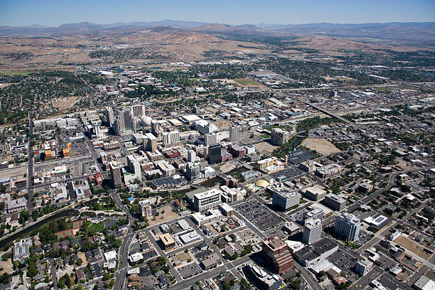 Aerial view of Downtown Reno Nevada Aerial view of downtown Reno Nevada looking north towards UNR, Truckee River and Sparks truckee river photos stock pictures, royalty-free photos & images