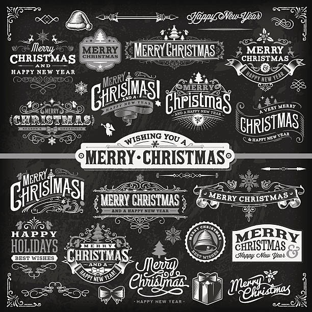 ilustrações, clipart, desenhos animados e ícones de chalkboard conjunto de etiqueta de natal - christmas season christmas tree nostalgia