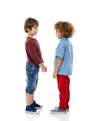 Studio shot of two cute little boys standing face to face against a white background