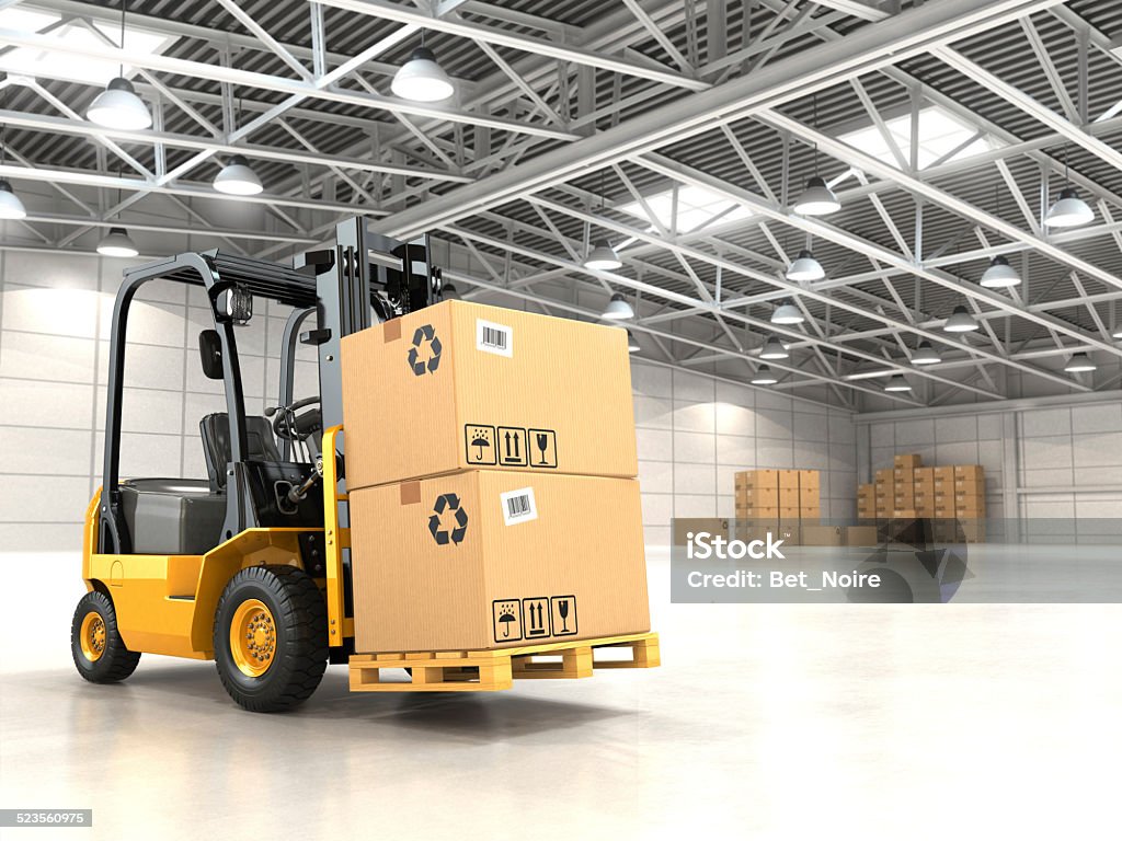 Forklift truck in warehouse or storage loading cardboard boxes. Forklift truck in warehouse or storage loading cardboard boxes. 3d Forklift Stock Photo