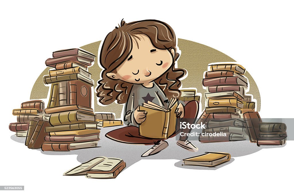 girl surrounded by books This image is of a girl who loves to read, this illustration is fully made computer and I am the author of the work. Baby - Human Age stock illustration