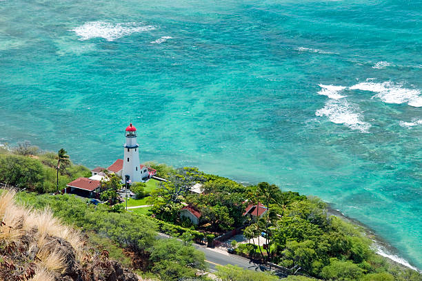 istock Aerial view of Diamond head lighthouse with azure ocean 523563617