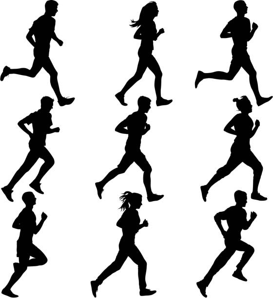 Set of silhouettes. Runners on sprint, men. vector art illustration