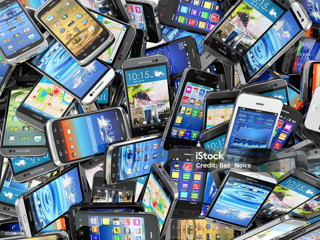 Mobile phones background. Pile of different modern smartphones. Mobile phones background. Pile of different modern smartphones. 3d Mobile Phone Stock Photo
