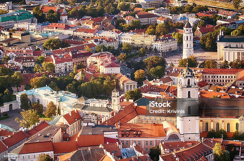 Aerial view of Old Town in Vilnius, Lithuania Old Town of Vilnius, Lithuania. Aerial view from piloted flying object. Vilnius Stock Photo