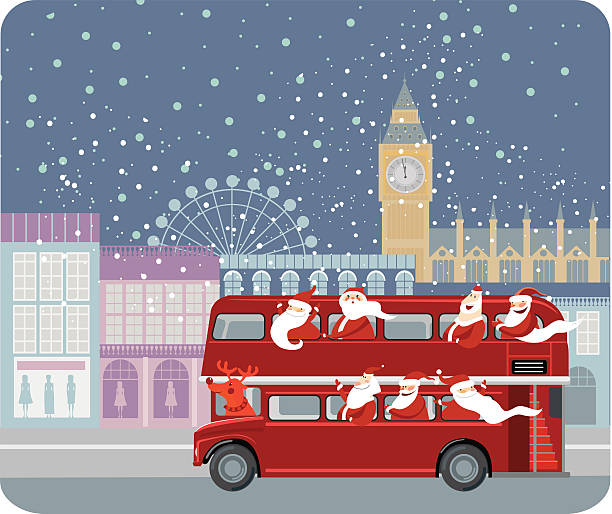 санта-автобус - london england christmas snow winter stock illustrations