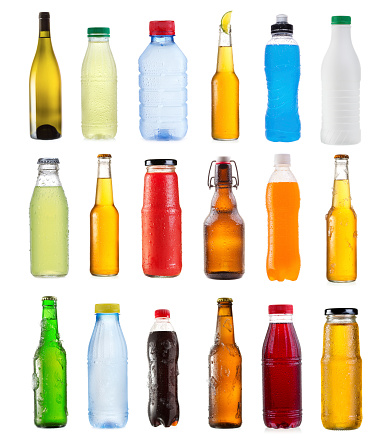 set of various bottles isolated on white background