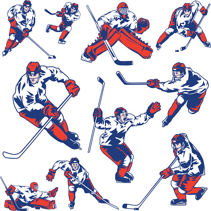 Illustration set of ice hockey players. All colors are separated in layers. Easy to edit. Black and white version (EPS10,JPEG) included.
