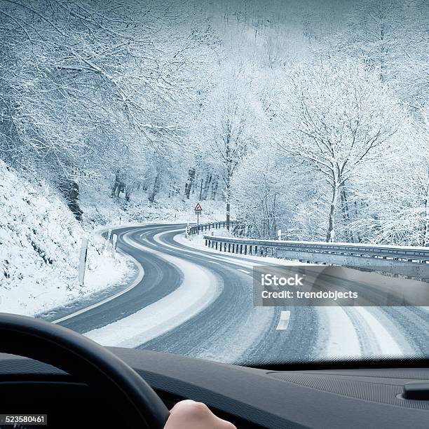 Winter Driving Curvy Snowy Country Road Stock Photo - Download Image Now - Driving, Winter, Blizzard