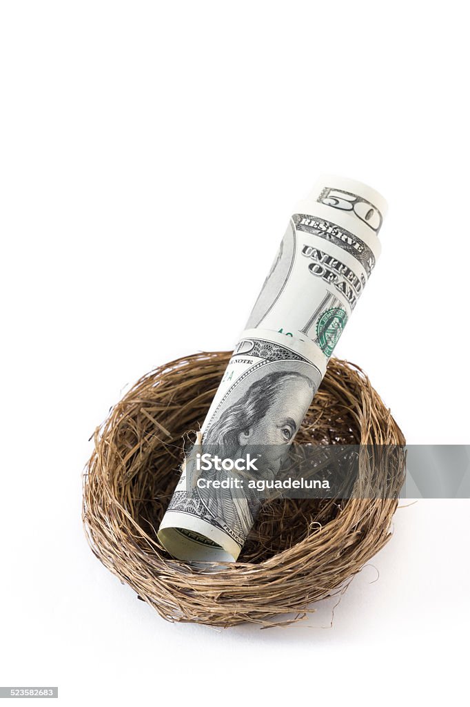 Roll of dollars inside a bird's nest Roll of fifty dollars bills inside a bird's nest, isolated on white background. American Fifty Dollar Bill Stock Photo