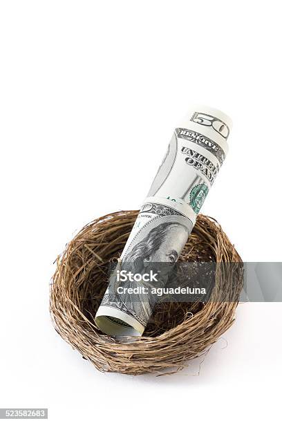 Roll Of Dollars Inside A Birds Nest Stock Photo - Download Image Now - American Fifty Dollar Bill, Animal Nest, Bird's Nest