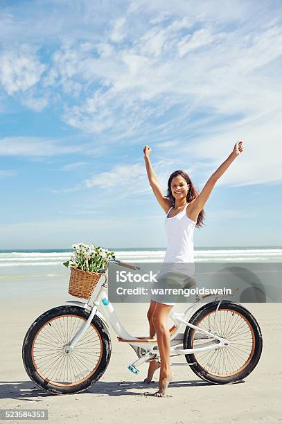Bike Beach Babe Stock Photo - Download Image Now - Arms Raised, Only Women, Women