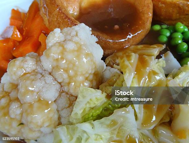 Sunday Roastdinner Beef Yorkshire Pudding Gravy Potatoes Vegetables Carrots Cabbage Stock Photo - Download Image Now