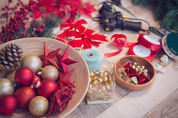 conjunto de elementos de decoración de navidad. - coffee bean coffee flower ribbon fotografías e imágenes de stock