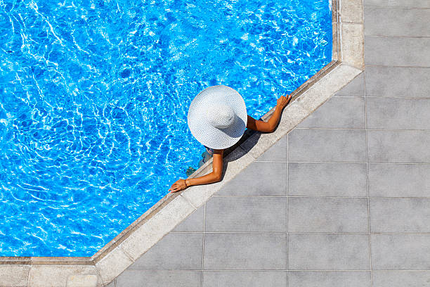istock woman relaxing at a resort swimming pool 523601811