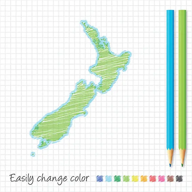 Vector illustration of New Zealand map sketch with color pencils, on grid paper