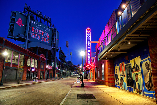 Boston, Massachusetts, USA - April 24, 2016: Night view of Fenway Park and the House of Blues along Landsdowne Street in the Fenway–Kenmore neighborhood.