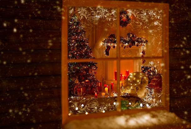 istock Christmas Window Holiday Home Lights, Room Decorated Xmas Tree Candles 523615895