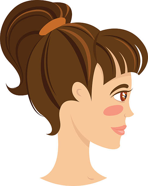 ilustrações de stock, clip art, desenhos animados e ícones de brunette sorridente jovem mulher com rabo de cabelo perfil. - tail fin