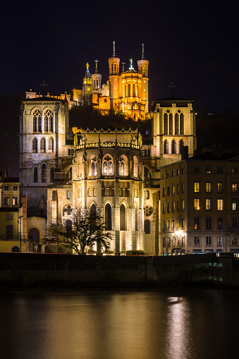 View on Saone river and Saint-Jean-Baptiste Cathedral and Basilica de Fourvier
