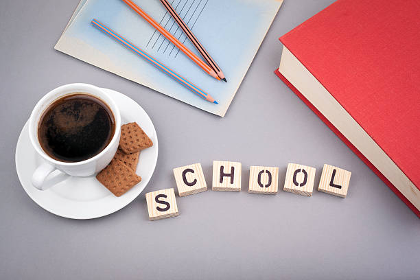 istock Text: School from wooden letters on a gray desk 523617824