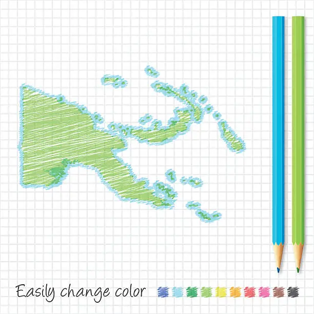 Vector illustration of Papua New Guinea map sketch with color pencils, grid paper