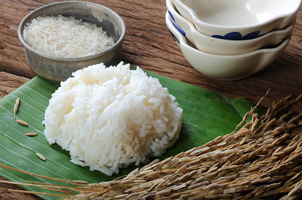 istock cooked, uncooked rice and paddy on wooden table 523619445