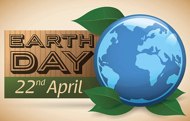 Realistic Globe Reminder of Earth Day Celebration Cardboard reminder of Earth Day celebration with blue planet and leaves. 22nd april stock illustrations