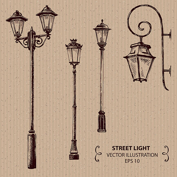 street lights - engraving pattern engraved image striped stock-grafiken, -clipart, -cartoons und -symbole