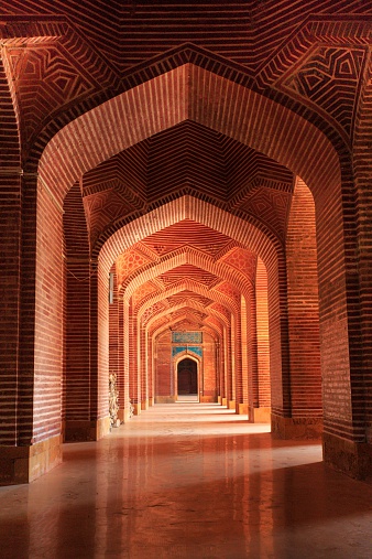 A beautiful view of architectural details of Shahjahan Masjid which is location in Thatta, Sindh. The mosque was built in 1647, during the reign of Mughal King Shah Jahan, as a gift to the people of Sindh for their hospitality. It has been on the tentative UNESCO World Heritage list since 1993.