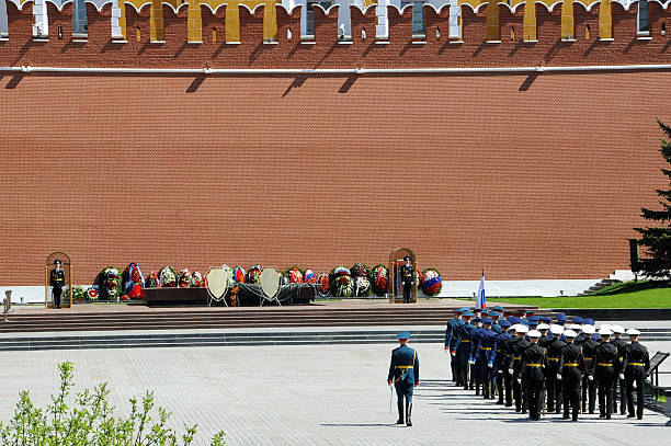 Moscow, Russia - April 29, 2012: Russian soldier of the Kremlin Regiment on guard at the Tomb of the Unknown Soldier in Alexander Garden near Kremlin