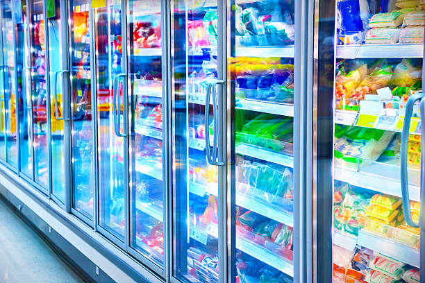 Food in a supermarket Various products in a supermarket refrigerated section supermarket photos stock pictures, royalty-free photos & images