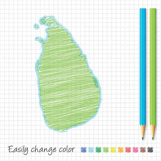 Vector illustration of Sri Lanka map sketch with color pencils, on grid paper