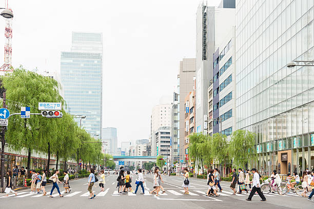 Akihabara Japan A day on the "Electrical Town" area of Akihabara in Tokyo Japan with people crossing the street, high business buildings in background. low angle street japan stock pictures, royalty-free photos & images